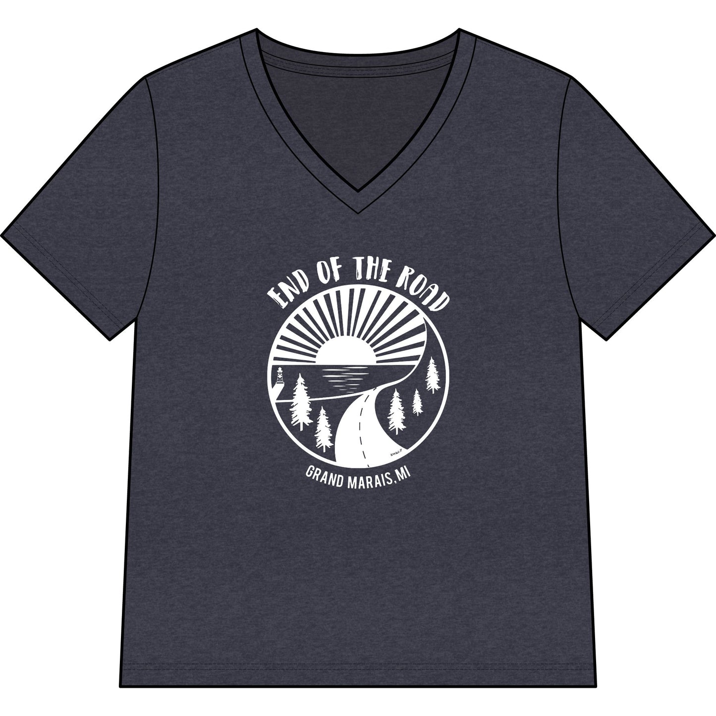 Women’s V-Neck Tee – 'End of the Road' Vintage Sunset Adventure Graphic