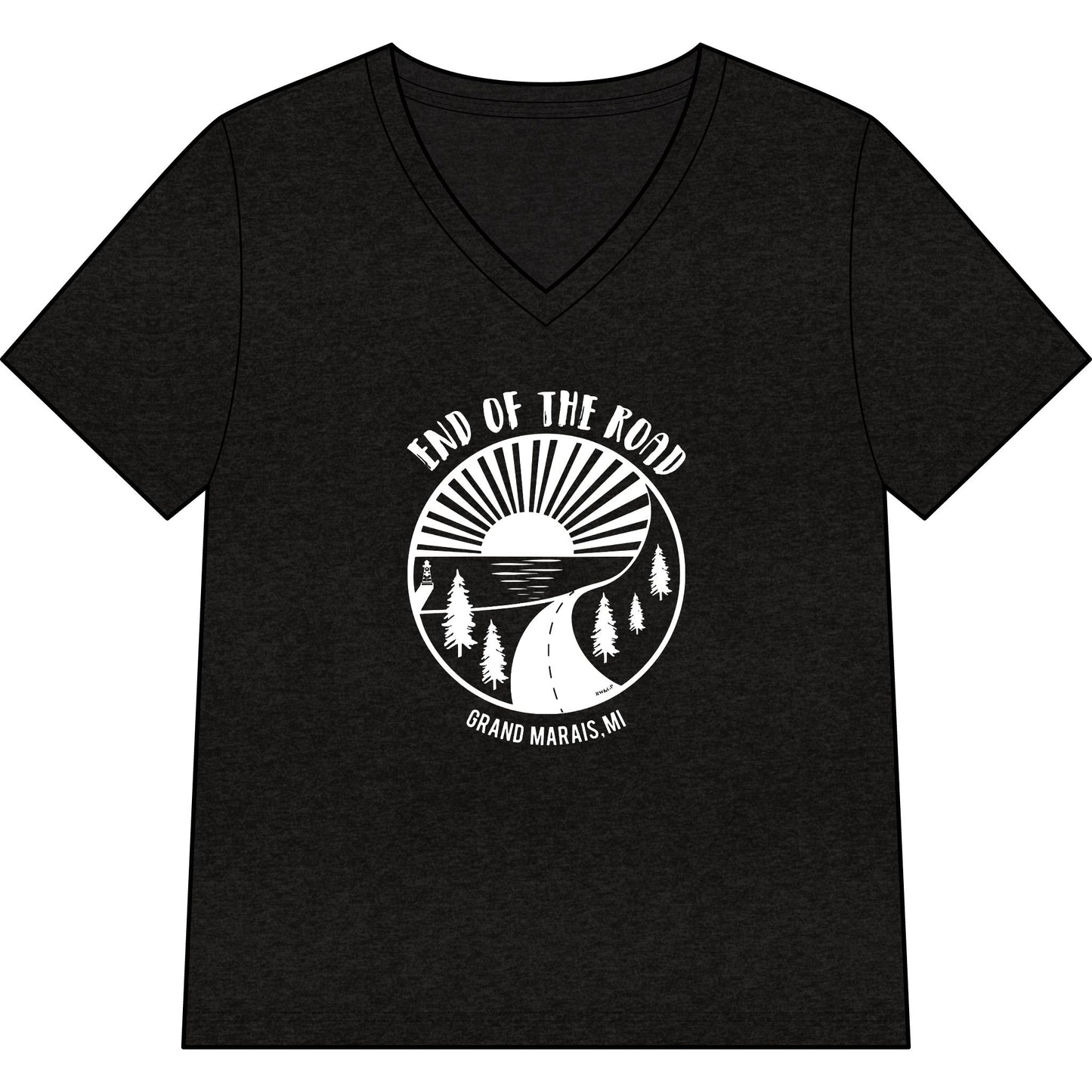 Women’s V-Neck Tee – 'End of the Road' Vintage Sunset Adventure Graphic